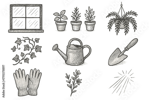 Garden gloves hanging ivy icon beam sunlight window icons windowsill vector flower