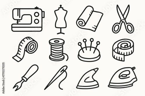 Fashion icon maker atelier cushion needle measuring icons machine tape scissors vector