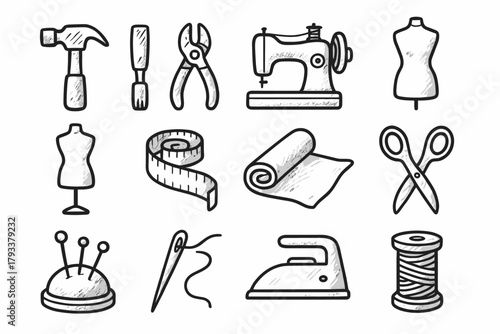 Handmade home icon measuring atelier spool machine tape vector icons scissors tools
