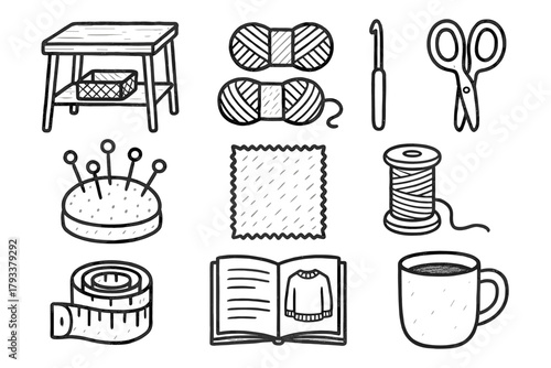 Vector fabric set station square measuring knitting tape icon pattern craft book