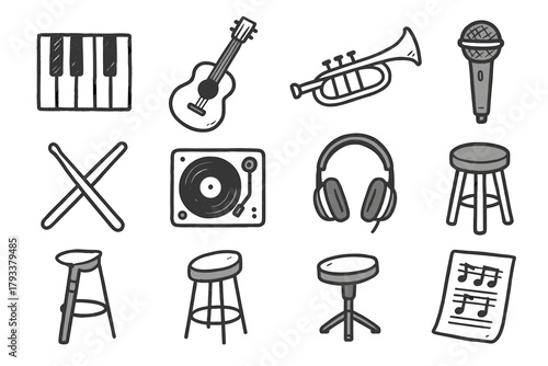 Piano icon creative vector headphones music record icons sheet guitar room stool