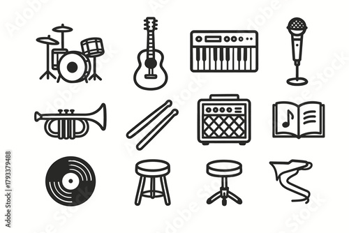 Vector icons book icon drumsticks trumpet guitar music acoustic vinyl room stool