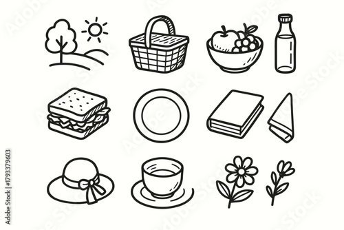 Book basket napkin picnic fruit set vector outdoor hat bottle bowl icon
