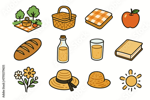 Blanket apple bread icons vector lunch glass basket sun set icon bottle