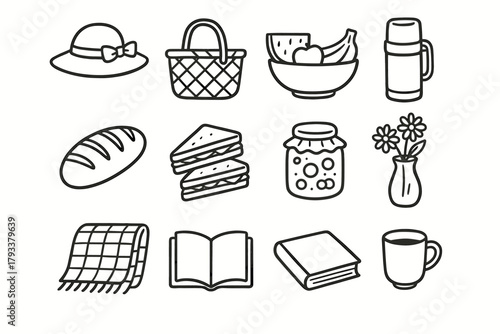 Summer icon bread vector thermos picnic cup sandwiches icons items bowl basket