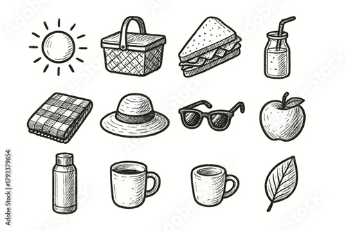 Picnic juice sandwich vector blanket apple set leaf basket day icon thermos