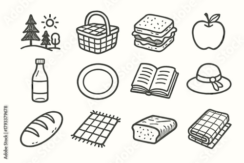 Icon vector nature plate items sandwich book picnic resting set fruit basket
