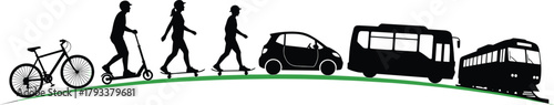 Black silhouettes of transportation modes on green curve, bicycle, scooter, skateboard, car, bus, tram, transportation, transport, vehicle, movement, journey, travel, urban, city, green, curve, line a