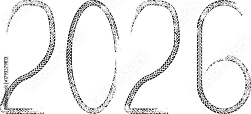 2026 automotive typography from tire treads - perfect for service calendars and garage branding. Useful for New year calendar design for tire services. Vector illustration. 