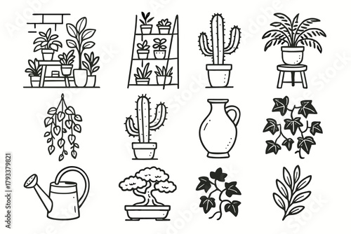 Ceramic can vector aesthetic garden icon watering bonsai hanging ivy fern set