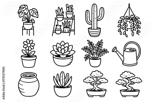 Vector fern can greenery rack pot watering icon flower plant modern