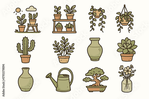 Pot ceramic watering icons vector flower icon fern plant nature tea vase