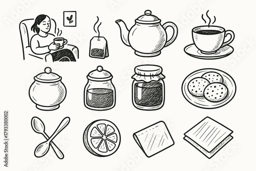 Corner vector bag icons tea cookie icon lemon teaspoon honey sugar relaxing