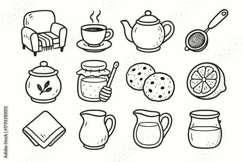 Teacup icons vector honey jug icon napkin milk cozy tea sugar strainer