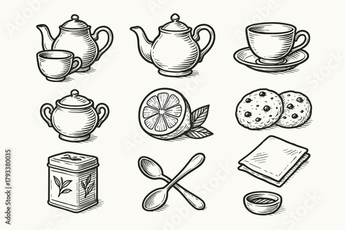 Cookies set teacup icon lemon spoon tea napkin saucer vector