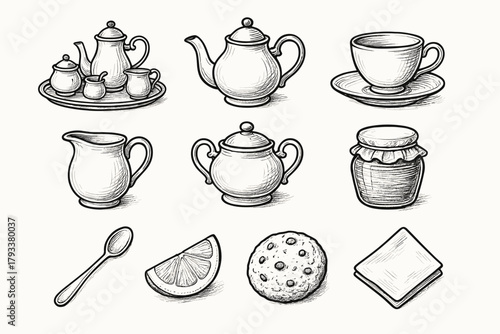 Saucer jug vector napkin cookie tea teacup elegant icon lemon