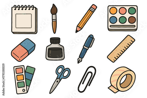 Tape roll paperclip color icons supplies washi vector art ruler eraser palette