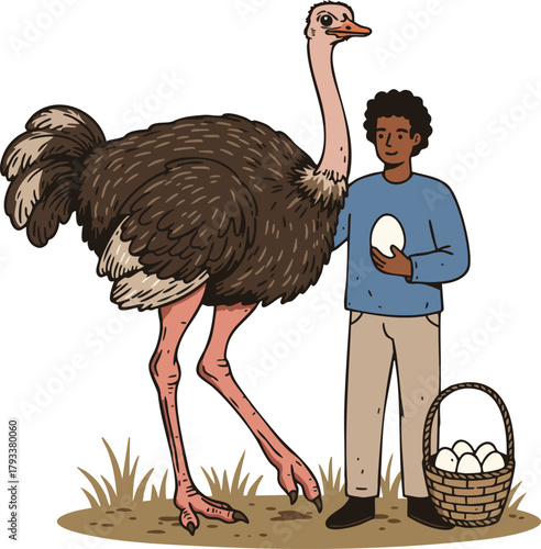 Ostrich with person holding egg and basket of eggs in natural setting vector illustration 