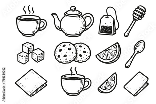 Collection vector icon warm icons time lemon tea drink cookies cubes sugar