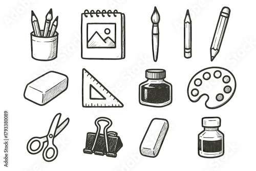 Drawing art pot scissors pad brush vector color palette supplies icon