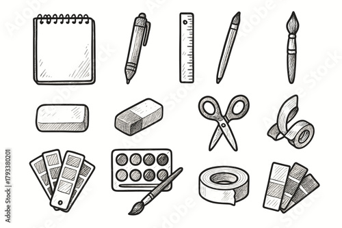 Brush tape stationary watercolor art color notebook icon vector palette eraser
