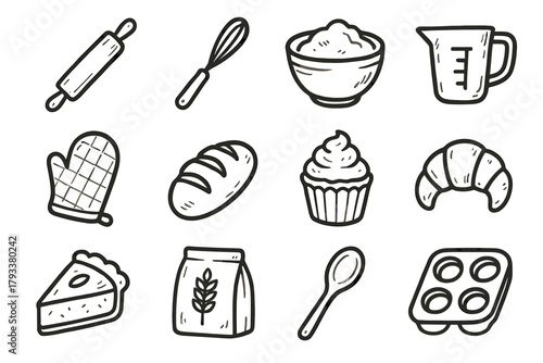 Set dough icon loaf oven bakery vector cupcake bag measuring whisk wooden