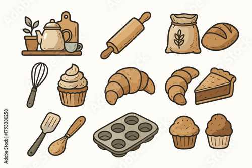 Pie bakery collection bag croissant dough tin icon vector icons tools bread