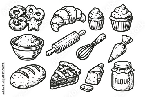 Vector bowl bag pastry bakery sweet pin bread icon cupcake set