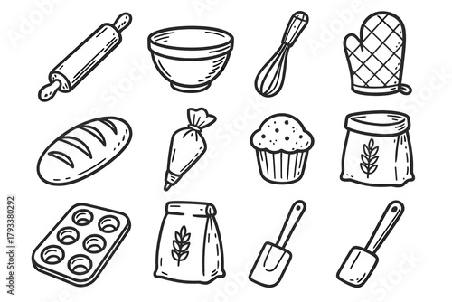 Mixing collection rolling bowl icon loaf bakery bag home whisk oven vector
