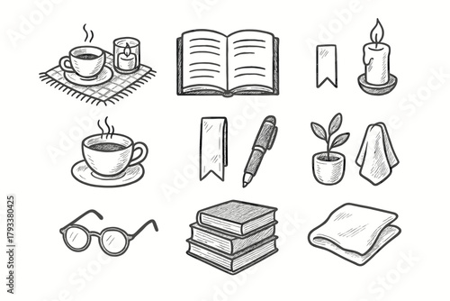 Icons teacup reading cozy icon glasses vector plant book bookmark open