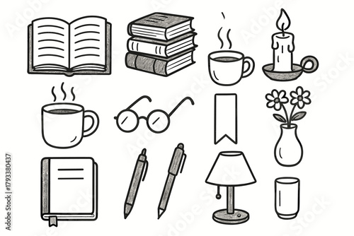 Icon vector reading lamp candle book bookmark stack s lover tea flower