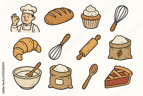 Delight mixing vector bakery spoon icon whisk flour loaf set pie bowl