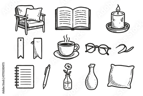 Pen glasses vase open vector bookmark pillow coffee icon nook reading modern