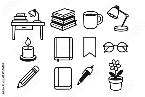 Pot table desk mug study bookmark stack vector icon notebook book icons