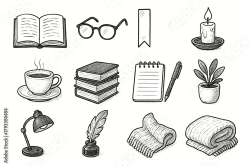 Icon candle quill teacup cozy glasses stack reading vector lamp open icons