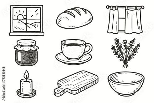 Kitchen tea jam icons candle bowl jar vector cozy morning bread icon