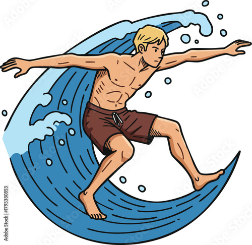 Male surfer riding large blue ocean wave vector illustration in dynamic surfing action and balance pose 