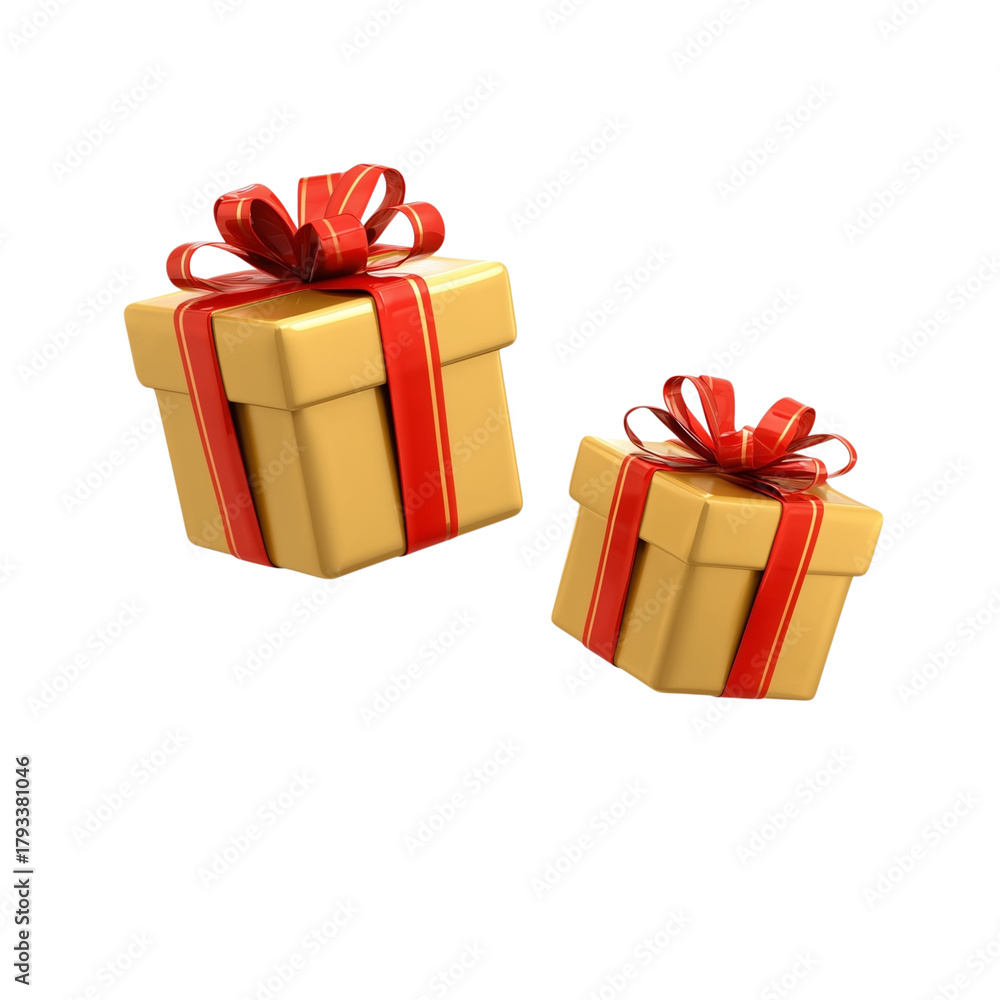 Obraz premium Gold gift boxes with red ribbon flying isolated on transparent Or white background