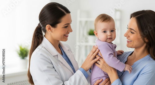 Caring pediatrician gently touching a baby's face while talking to the mother, a perfect concept for compassionate and gentle infant medical care