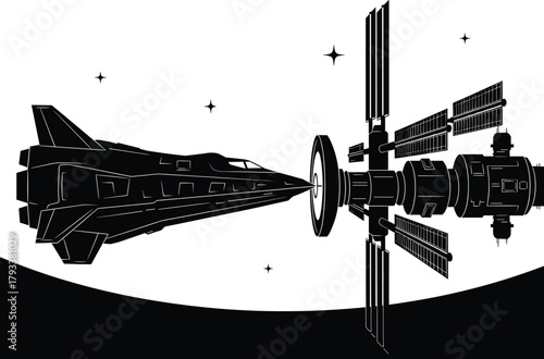 Black spaceship approaching space station with solar panels, spaceship, space station, spacecraft, satellite, solar panels, docking, space exploration, science fiction, futuristic, technology, travel,