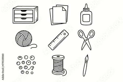 Bottle paintbrush ruler icon essentials yarn tools vector ball glue button craft