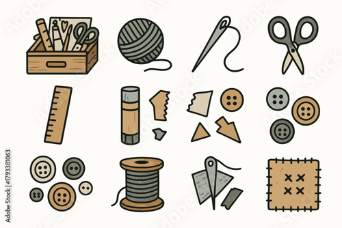 Patch ball supplies icon vector paper scissors yarn craft icons spool fabric