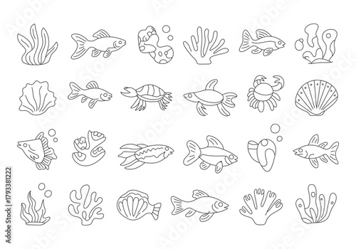 Under the Sea Life Doodle Icon Set | Hand Drawn Fish, Shell, Turtle, and Coral Line Art Collection