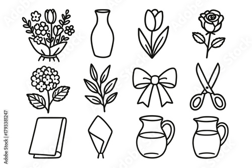 Spring set tulip jar hydrangea sheet composition icon floral vector foliage bow