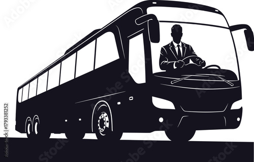 Silhouette of a bus driver in a suit at the wheel of a coach, bus, coach, driver, silhouette, man, suit, tie, steering wheel, driving, transportation, travel, journey, vehicle, transport, road, highwa