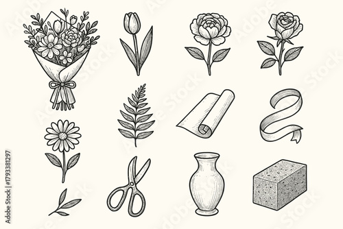 Foam rose flower elegant daisy scissors tulip ribbon vector vase wrapping icons