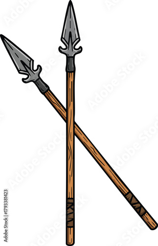 Two traditional wooden spears with metal spearheads crossed illustration vector design 