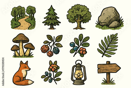 Icon vector walkway peaceful icons pine wooden trail moss sign forest mushrooms