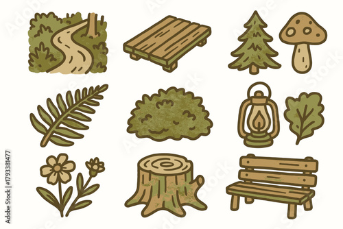 Vector icon stump wooden moss lantern walkway forest icons bench tree pine
