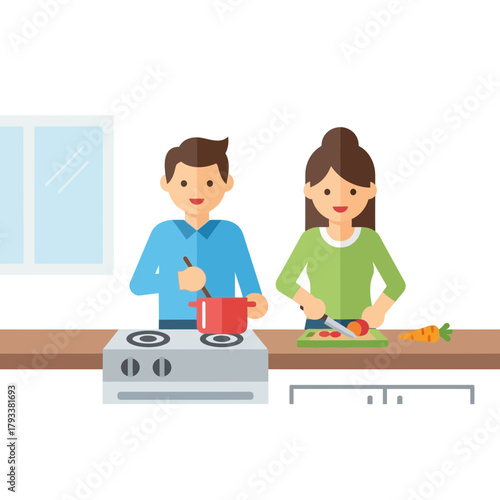 Two people cooking food together one stirring a pot the other cutting vegetables.